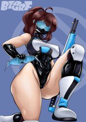  ahoge armpits boots brown_hair bzurrrf corporatification earpiece emblem face_mask gloves green_eyes gun hair_band knee_pads kneeling kuzuryutowa_cyber_industries_(bzurrrf) latex leotard looking_at_viewer misti_rockwell_(lilpenpusher) original spiral tech_control visor watermark 