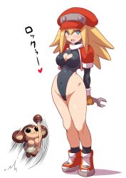 blonde_hair blue_eyes breasts capcom cleavage empty_eyes femsub happy_trance konno_tohiro large_breasts long_hair megaman_(series) megaman_legends_(series) navel roll_caskett standing standing_at_attention text