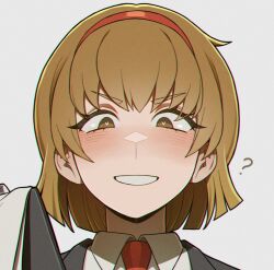  blush brown_hair confused femsub hairband happy_trance heart heart_eyes lobotomy_corporation looking_at_viewer malkuth_(lobotomy_corporation) misg1111 robot_girl short_hair smile suit tie unaware 