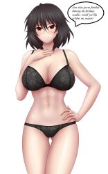 black_hair blush bra breasts cleavage dialogue empty_eyes female_only femsub hand_on_hip happy_trance icontrol_(manipper) infinite_stratos large_breasts manip navel orimura_chifuyu oslight panties red_eyes short_hair smile text underwear white_background