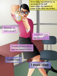 black_hair bra cleavage femdom glasses looking_at_viewer office_lady open_clothes pendulum pocket_watch pov pov_sub text thoughtthief underwear