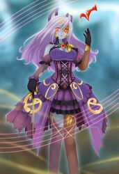  aura corruption enemy_conversion eye_color_change female_only femsub glowing_eyes gold huaquero_of_the_golden_land looking_at_viewer monster_girl orange_eyes purple_hair solsolfachord_gracia tunberuku very_long_hair yu-gi-oh! 