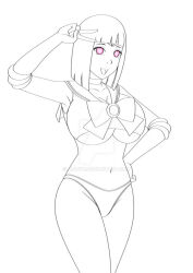  bangs bare_legs breasts circlet cleavage collarbone cosplay femsub gloves hand_on_hip happy_trance heart heart_eyes hinata_hyuuga huge_breasts jimryu monochrome naruto_(series) navel open_mouth pink_eyes saluting short_hair simple_background sketch smile standing straight-cut_bangs symbol_in_eyes tagme underboob v white_background 