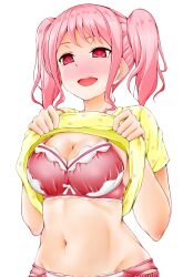 7oden70 absurdres aya_maruyama bang_dream blush bra breasts cleavage empty_eyes female_only femsub large_breasts nintendo pink_eyes pink_hair shirt_lift solo twintails underwear undressing