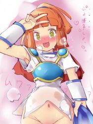  arle arm_warmers armor armpits blush bottomless breath cape female_only femsub happy_trance heart_eyes japanese_text navel open_mouth orange_hair puyo_puyo solo symbol_in_eyes text translation_request urano_koedame v yellow_eyes 
