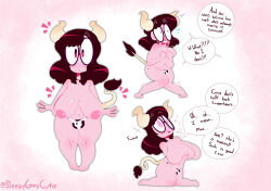 blush breast_expansion bulge collarbone covering cow_girl cow_print feet female_only femsub glasses happy_trance horns huge_breasts instant_loss large_breasts long_hair looking_at_viewer nipples open_mouth original pet_play red_eyes red_hair scared sequence sleepygaycutie smile solo tail text thick_thighs thighs thong topless transformation wide_hips