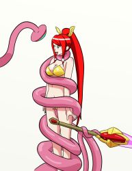 androgynous androgynous_dom bikini blazblue crotch_rub dkraider drool femsub happy_trance hypnotic_eyes hypnotic_tentacle izayoi_(blazblue) kaa_eyes long_hair open_mouth ponytail red_hair standing standing_at_attention tentacles