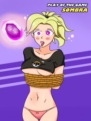 blonde_hair blush bondage breasts dazed drool erect_nipples female_only femdom glowing glowing_eyes hypnotic_screen large_breasts long_hair mercy open_mouth overwatch panties ponytail sortish spiral_eyes symbol_in_eyes tech_control text tongue tongue_out underboob underwear
