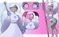  before_and_after bunny_ears bunnysuit emily_(hazbin_hotel) empty_eyes femsub grey_skin happy_trance hazbin_hotel long_hair pole_dancing shellstro spiral_eyes white_hair wings 