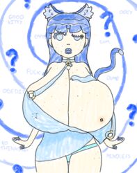 blue_eyes blue_hair blue_lipstick breasts cat_ears cat_girl cat_tail collar empty_eyes huge_breasts huge_hips open_mouth open_shirt pajamas pet_play spiral_background spiral_eyes spiralwash_eyes standing symbol_in_eyes text