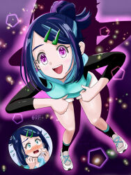 aura aware bare_legs blue_eyes blue_hair blush breasts chicken_pose clothed dancing embarrassed femsub glowing leaning_forward liko_(pokemon) mochi_dance nintendo pokemon pokemon_(anime) pokemon_scarlet_and_violet purple_eyes rf-gokoha shoes shorts sparkle sweat tears thighs