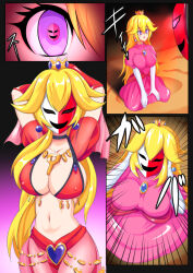  alternate_costume arms_above_head bikini blonde_hair breasts choker cleavage comic corruption crown empty_eyes enemy_conversion erect_nipples erect_nipples_under_clothes female_only femsub gloves glowing glowing_eyes happy_trance harem_outfit jewelry large_breasts long_hair looking_at_viewer mask nanaki_rio navel nintendo open_mouth phanto princess princess_peach purple_eyes smile standing super_mario_bros. symbol_in_eyes unusual_pupils 