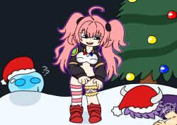 ahoge aura blue_eyes breasts character_request christmas christmas_tree confused eye_color_change femsub hat horns lying maledom midriff milim_nava night non-binary pink_hair possession purple_eyes pursborg rimuru_tempest slime snow standing symbol that_time_i_got_reincarnated_as_a_slime trees
