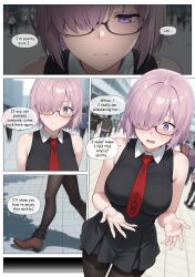 ai_art bare_shoulders blush comic dialogue english_text faceless_male fate/grand_order fate_(series) femsub glasses hair_covering_one_eye kodawarite_(generator) maledom mashu_kyrielight outdoors pink_hair possession purple_eyes shoes short_hair speech_bubble text tie