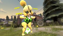  3d absurdres animal_crossing animals_only breasts chicken_pose clothed dog_girl egg_laying furry isabelle_(animal_crossing) nintendo pet_play rask9000 source_filmmaker text 