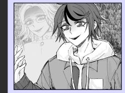  clothed eito_aotsuki evil_smile glasses greyscale hundred_line looking_at_viewer male_only maledom malesub possession rufu_1122 short_hair smile spoilers takumi_sumino the_hundred_line:_last_defense_academy 