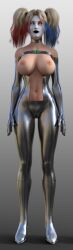 3d batman_(series) breasts breasts_outside collar dc_comics female_only fembot femsub graybot harley_quinn high_heels large_breasts open_clothes robot robotization solo standing standing_at_attention super_hero tech_control theheckle western whitewash_eyes
