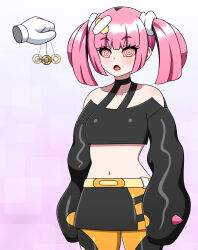  coin coral_(pokemon) dazed female_only femsub gradient_background midriff navel open_mouth penis phantom_hand pink_hair pokemon pokemon_(anime) small_breasts solo spiral_eyes standing twintails yensh 
