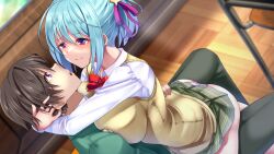  blue_hair breast_press breasts brown_hair clothed femdom hand_on_hip heterosexual hug hypnotic_kiss kissing kurumu_kurono malesub open_mouth purple_eyes rosario+vampire school_uniform sitting sitting_on_lap skirt thighs tsukune_aono waraby9316 