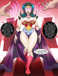  absurdres bare_legs blue_hair boots bracers breasts circlet cleavage dc_comics dialogue earrings expressionless female_only femsub glowing_eyes huge_breasts hypnotic_accessory leotard long_hair magic male_pov maledom open_mouth pink_eyes pov pov_dom psychic speech_bubble standing super_hero text undressing whitewash_eyes wonder_woman zorro-zero 