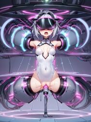  ai_art armpits black_hair blush cables clothed_exposure corruption dildo drool electricity female_only femsub glowing grey_hair koimin4_(generator) leotard multicolored_hair navel open_mouth pussy_juice restrained sex_machine short_hair small_breasts spread_legs stable_diffusion_(ai) tech_control tongue tongue_out trembling visor wires 