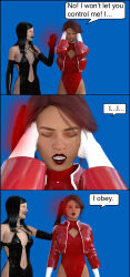 3d black_hair cleavage comic dialogue female_only femdom femsub glowing glowing_eyes latex magic original red_eyes red_hair resisting text theheckle