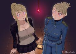 bangs cleavage femsub fullmetal_alchemist glowing_eyes jacket large_breasts long_hair m4ns0n military_uniform orb pendulum riza_hawkeye short_skirt tank_top tied_hair tight_clothing winry_rockbell