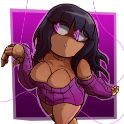  black_hair body_control breasts doll_joints female_only femsub glowing_eyes open_mouth original pstash puppet purple_background purple_eyes ryuko_(lukabood) simple_background solo sweat white_background 