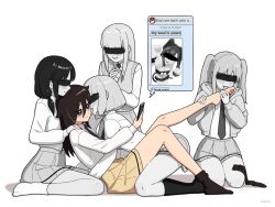  asuka_katou barefoot blush dreizerel emiri_uchi female_only femdom femsub foot_licking girlinworld(manipper) harem hina_nemoto licking manip multiple_girls multiple_subs phone school_uniform signature simple_background sitting tomoko_kuroki watamote white_background yuri yuri_tamura 