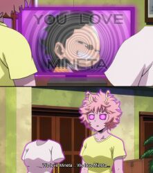 dialogue expressionless femsub glowing glowing_eyes horns hypnotic_screen maledom manip mantra mina_ashido minoru_mineta multiple_girls multiple_subs my_hero_academia open_mouth pink_eyes pink_hair pink_skin smile smug spiral spiral_eyes subtitled text theinvisiblebrad_(manipper) toru_hagakure