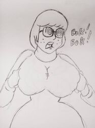  breasts chicken_pose female_only femsub greyscale itemshoplifter large_breasts pet_play scooby-doo_(series) solo spiral_eyes symbol_in_eyes text traditional velma_dinkley white_background 