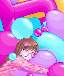 animated balloon brown_hair bubble drool fabius femsub freckles glasses heart original pajamas pink_eyes pixel_art rosie_(fabius) sleepy sound video