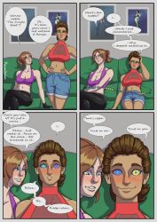  absurdres bare_shoulders blue_eyes border brown_hair cleavage cleavage_cutout comic dialogue disney english_text female_only femdom femsub gloves green_eyes happy_trance isabelle_(kaunedraws) kaa_eyes kaune_(kaunedraws) kaunedraws leggings nose_ring original piercing ponytail shorts signature smile speech_bubble tagme text the_jungle_book 