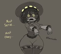  bangs belt crop_top expressionless female_only femsub greyscale hat iamaneagle large_breasts mantra murder_drones open_mouth robot robot_girl serial_designation_v short_hair simple_background sketch solo spiral_eyes thick_thighs wide_hips zombie_walk 
