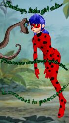  3d blue_hair bodysuit clothed coils disney expressionless femsub jungle kaa kaa_eyes leaning_forward long_hair manip marinette_dupain-cheng mask miraculous_ladybug outdoors smile snake sneakysnake_(manipper) text the_jungle_book twintails 