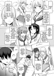 breasts charveltiger hard_translated large_breasts monochrome school_uniform tagme text translated white_hair