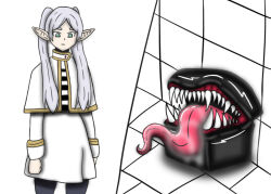 alien androgynous_dom androgynous_sub clothed corruption crossover elf elf_ears fangs frieren frieren:_beyond_journey&#039;s_end just_fr4nki3 living_costume long_tongue marvel_comics mimic monster parasite possession sharp_teeth spider-man_(series) symbiote tongue tongue_out twintails venom_(marvel) white_hair