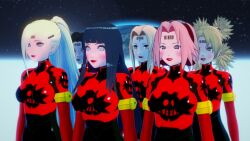 3d arm_bands barcode black_hair blonde_hair blush bodysuit breasts empty_eyes expressionless female_only fembot femsub genderswap happy_trance hinata_hyuuga koikatsu! lipstick makeup multiple_girls naruto_(series) naruto_uzumaki open_mouth ponytail red_lipstick sakura_haruno straight-cut_bangs surrisaki temari tenten tsunade