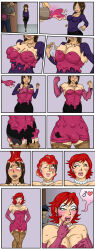 absurdres bare_shoulders before_and_after bimbofication blue_hair blush brown_hair bulge cock_growth comic corruption diggerman earrings eye_roll hand_on_hip happy_trance heart jewelry lipstick makeup necklace original pink_lipstick red_hair slime sweat symbiote tongue tongue_out transformation transgender