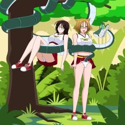  absurdres ass bare_legs bare_shoulders belt breasts brown_hair cheerleader clothed coils complex_background crossover crotch_rub disney femsub glasses hanging_down heterosexual hypnotic_eyes jimryu kaa kaa_eyes large_breasts legs limp maledom midriff multiple_girls multiple_subs navel panties ririko_kagome rosario+vampire shizuka_nekonome shoes short_hair skirt skirt_lift snake sneakers standing teacher the_jungle_book tongue tongue_out trees vaginal 