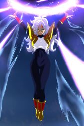 22_blurime alternate_costume android_21 arms_above_head baby_(dragon_ball) blue_eyes body_markings bodysuit breasts corruption dragon_ball dragon_ball_fighterz dragon_ball_z earrings english_text evil_smile facial_markings femsub floating glowing happy_trance long_hair open_mouth possession redi_heiki smile tattoo text white_hair