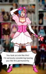 dollification english_text female_only femsub magical_girl mspainter multicolored_hair sharon_(mspainter) sidecut smile speech_bubble whitewash_eyes