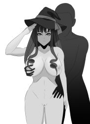  aarondavidm bottomless breast_grab breasts drill_hair femsub groping nude original saluting standing standing_at_attention topless witch witch_hat 