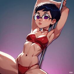 ai_art animated animated_eyes_only animated_gif bra breasts carmen_sandiego choker cleavage female_only glasses julia_argent_(carmen_sandiego) panties pole_dancing short_hair solo spiral spiral_eyes spiralwash_eyes stripper symbol_in_eyes zupern0va_(manipper)