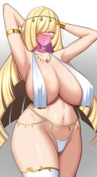  arms_above_head arms_behind_back bikini_bottom blonde_hair blush breasts cleavage erect_nipples female_only femsub glowing_eyes happy_trance harem_outfit huge_breasts hypnotic_accessory jewelry large_hips lingerie long_hair looking_at_viewer lusamine manip milf misterman4_(manipper) necklace nintendo panties pokemon pokemon_sun_and_moon solo spiral_eyes symbol_in_eyes tanaken veil 