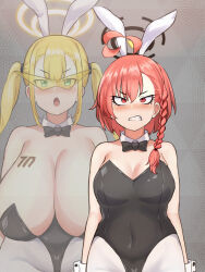  blonde_hair blue_archive breast_expansion breasts bunnysuit cuffs dronification femsub glasses green_eyes hell2heimu neru_(blue_archive) red_eyes red_hair transformation 
