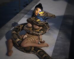 3d black_hair bottomless breasts coils femsub glowing glowing_eyes hypnotic_eyes lompich long_hair nipples nude open_mouth ponytail sitting snake tagme topless