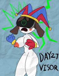 breasts brown_hair clown clown_girl hypnovember nude pomni simple_background tcross tech_control text the_amazing_digital_circus