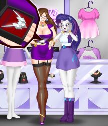 angela_smith_(daveyboysmith9) blue_eyes bluebullpen boots breasts brown_hair cleavage equestria_girls female_only high_heels huge_breasts jewelry long_hair multiple_girls my_little_pony necklace original purple_hair rarity thighhighs western white_skin