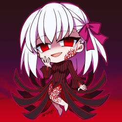 alternate_costume angra_mainyu barefoot body_markings chibi corruption dark_sakura empty_eyes eye_color_change facial_markings fate/stay_night fate/stay_night_heaven&#039;s_feel fate_(series) feet femsub hair_color_change hair_ribbon hand_on_head happy_trance long_hair looking_at_viewer possession red_background red_eyes sakura_matou smile to40gi